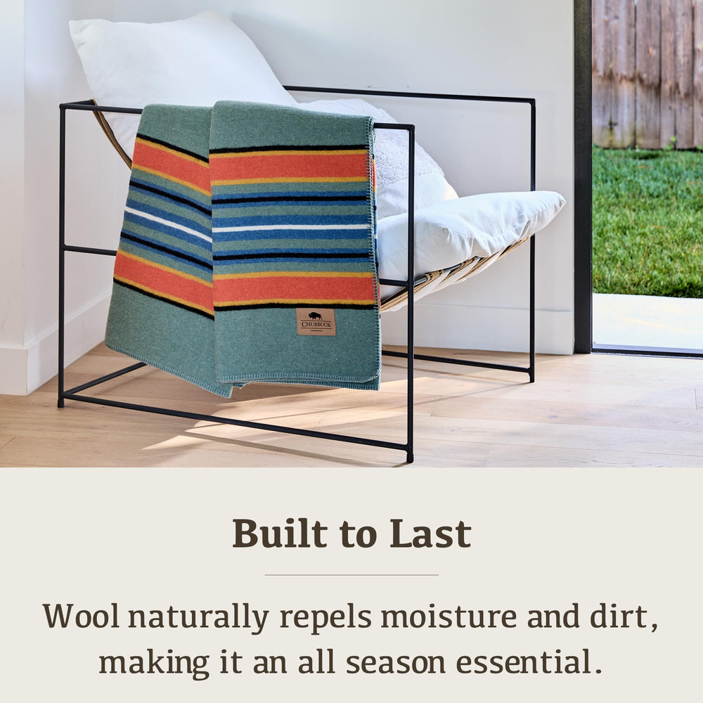 Chubbuck Authentic indoor-outdoor use wool blanket demonstrates versatile warmth anywhere.