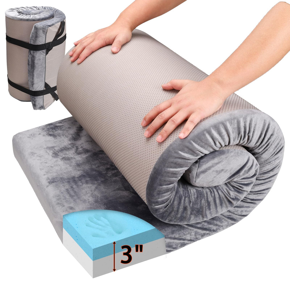 Chunlei memory-foam sleeping pad rolled for easy transport and storage.