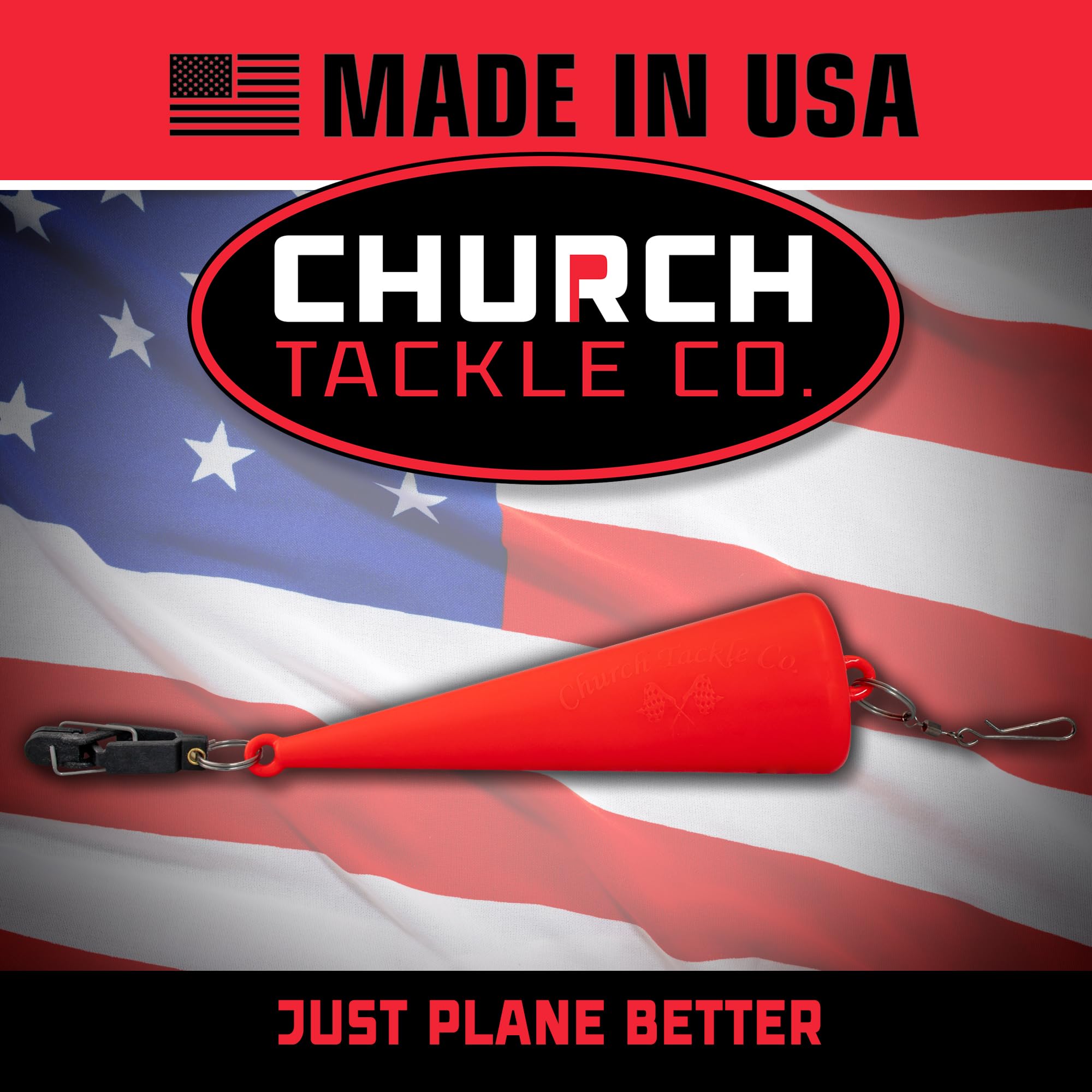 Church Tackle TX-005 Mini Stern Planer depth-control aids smooth tracking behind the boat.