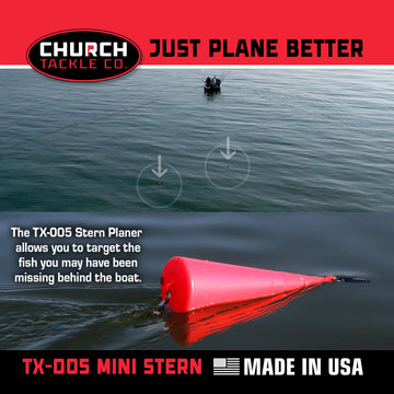 Church Tackle TX-005 Mini Stern Planer exploded view shows simple, quick assembly.