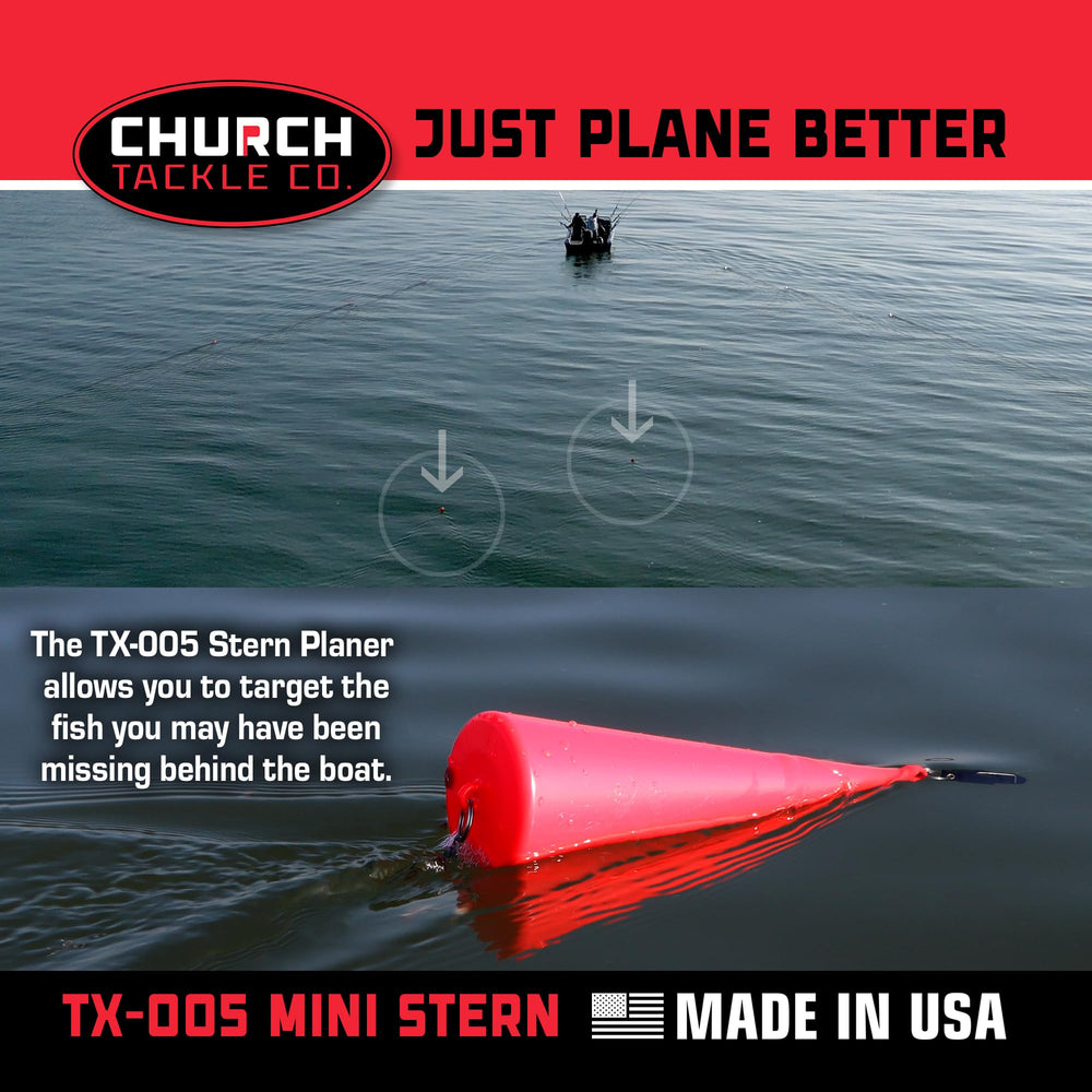 Church Tackle TX-005 Mini Stern Planer exploded view shows simple, quick assembly.