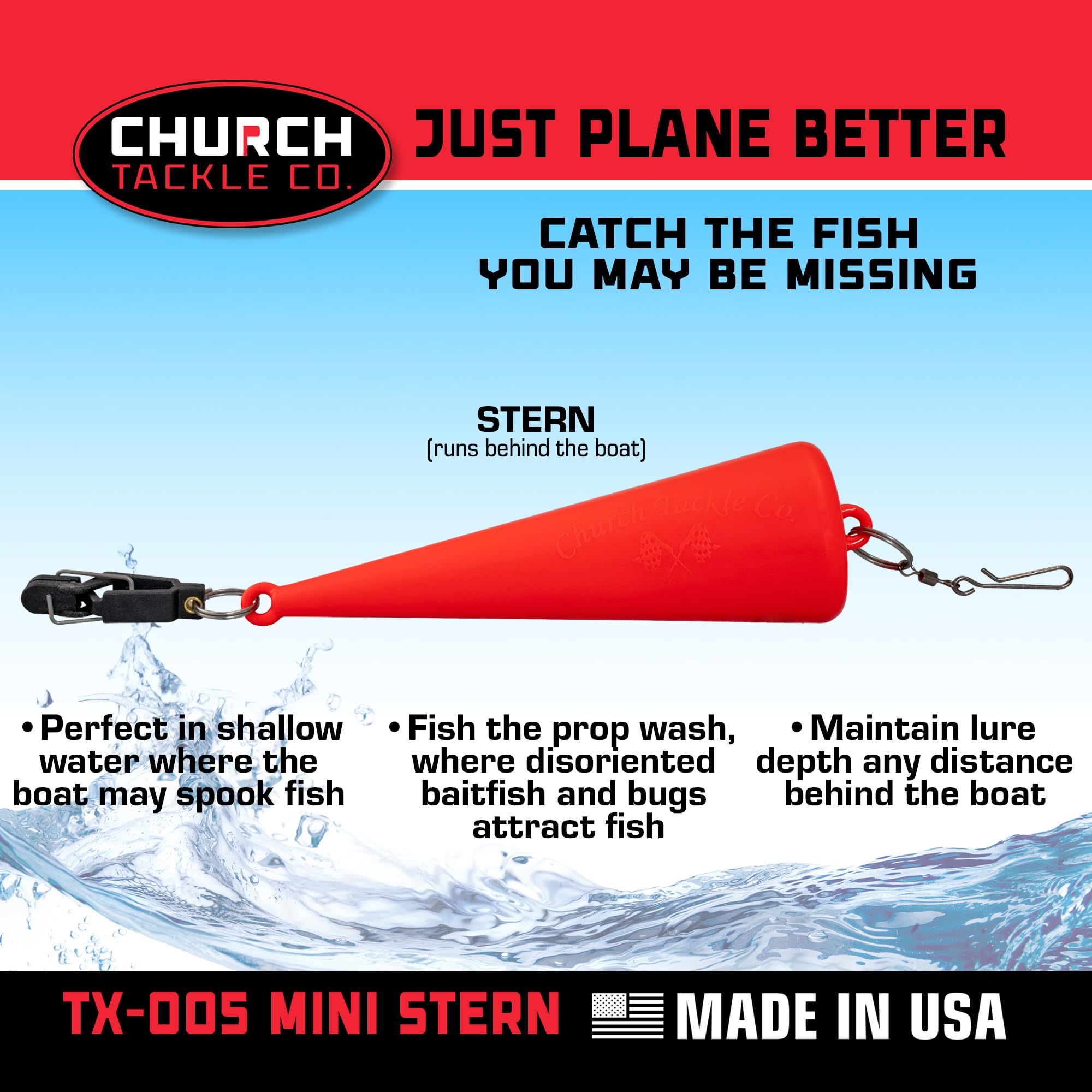 Church Tackle TX-005 Mini Stern Planer rear view highlights compact design for staggered lines behind the boat.