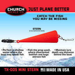 Church Tackle TX-005 Mini Stern Planer rear view highlights compact design for staggered lines behind the boat.