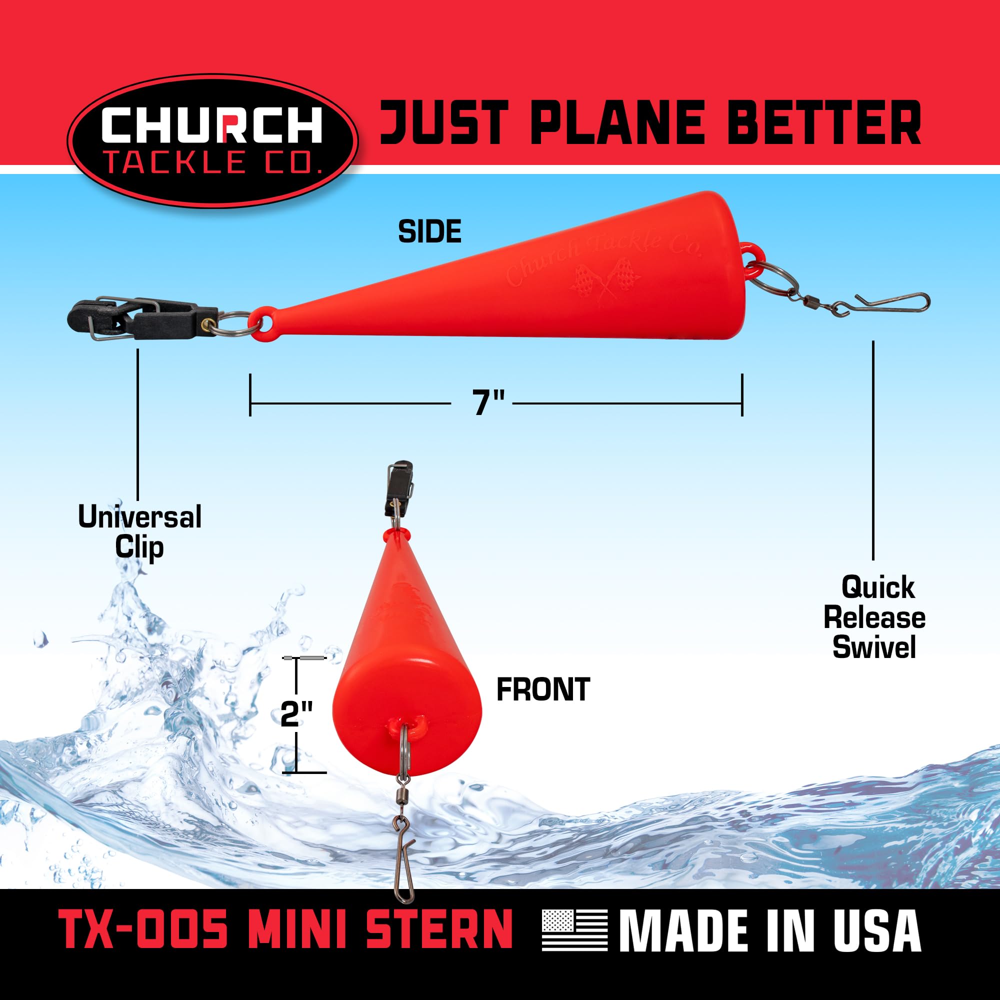 Church Tackle TX-005 Mini Stern Planer in-use during trolling increases lure reach and depth consistency behind the boat.
