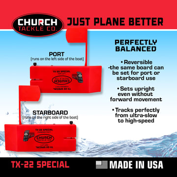 Church Tackle TX-22 Special Planer Board side rail highlights dual-port setup