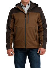 Cinch men's brown hooded softshell jacket, front view, ideal for wind protection on outdoor days.
