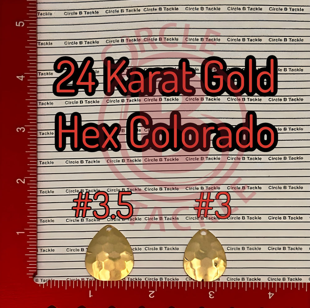 Circle B Tackle 24K gold Colorado hex spinner blade, back view highlights reflective coating for enhanced visibility.