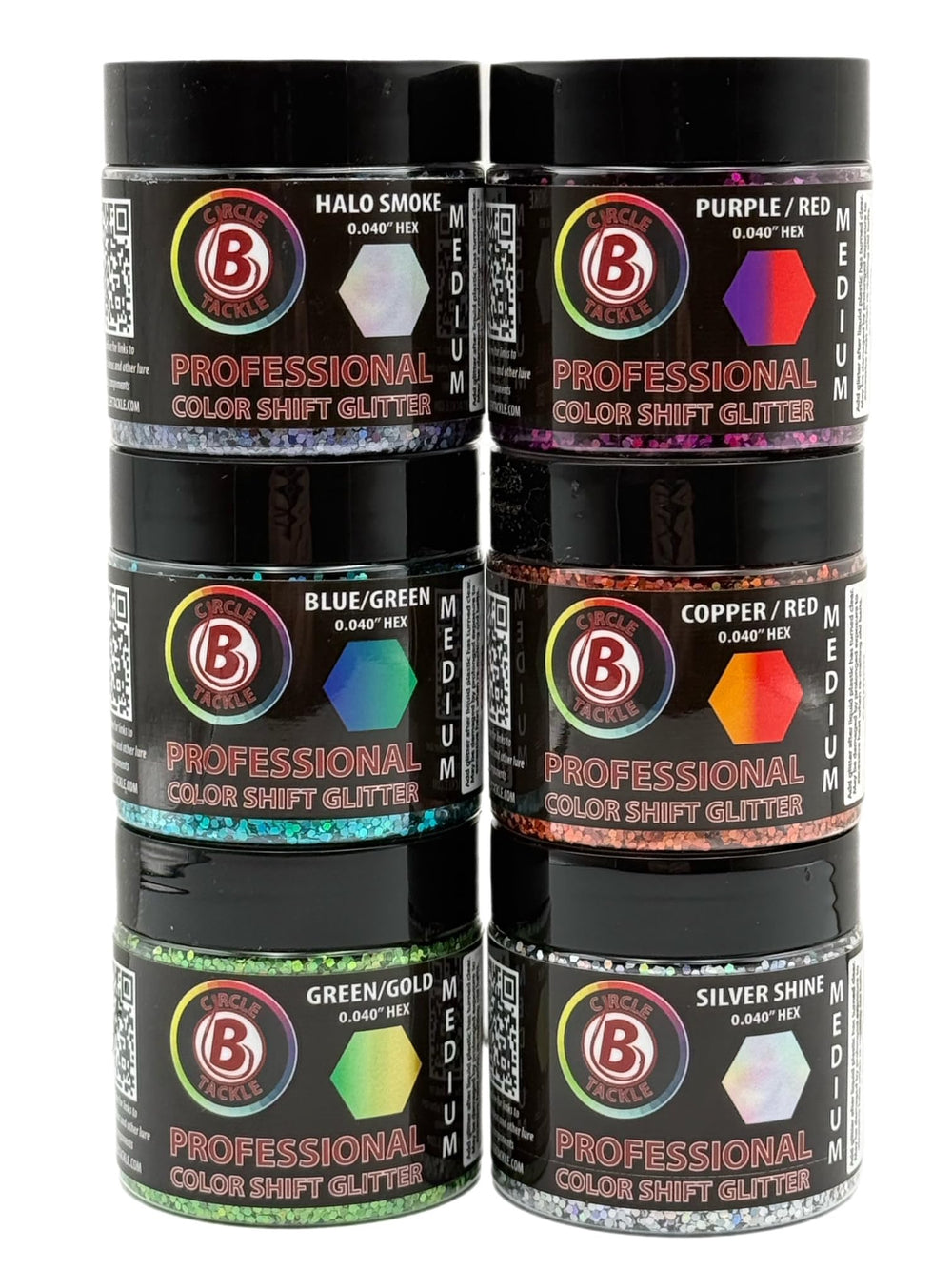 Circle B Tackle six-pack 2 oz jars for soft plastic lures.