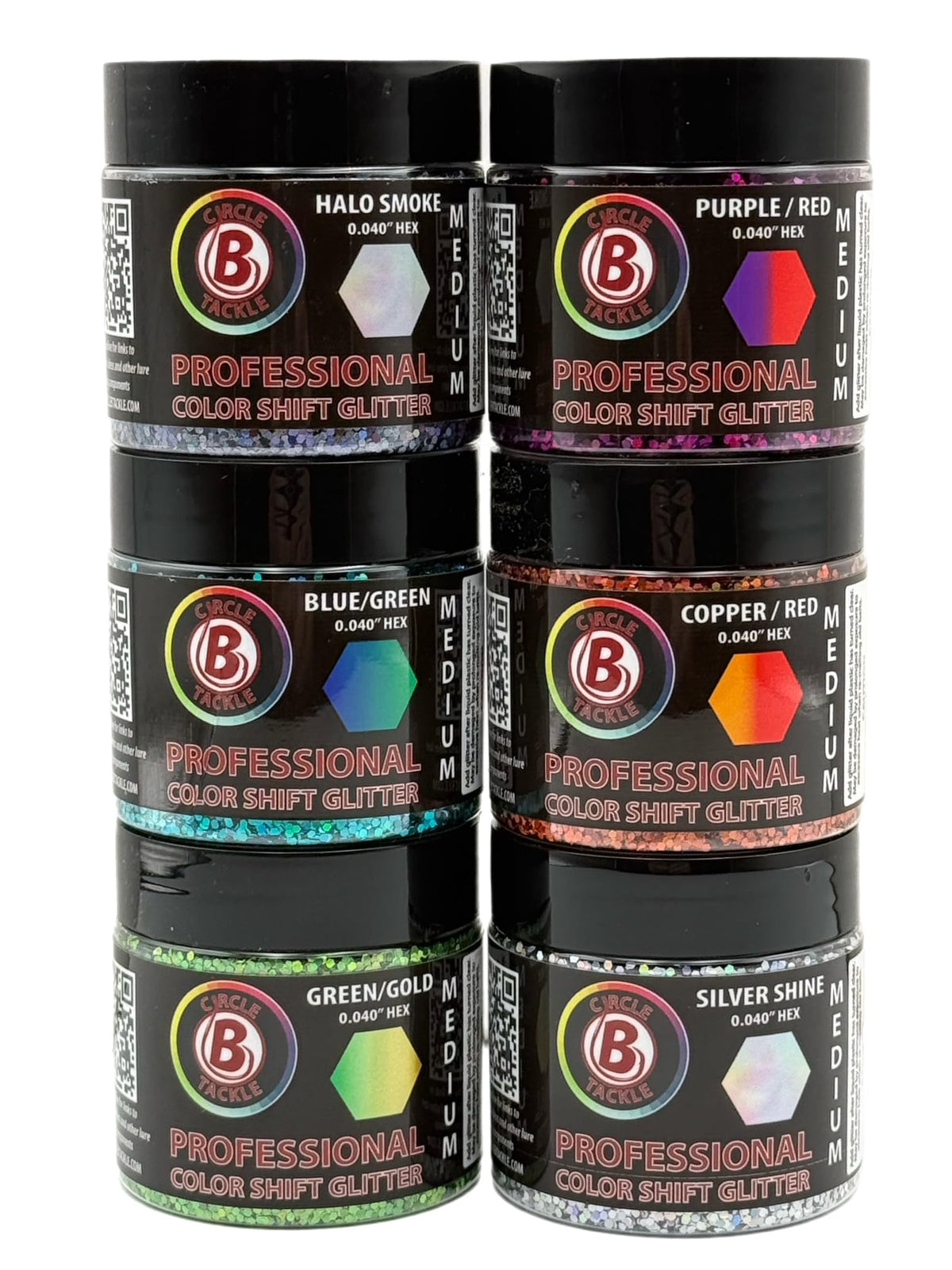 Circle B Tackle six-pack 2 oz jars for soft plastic lures.