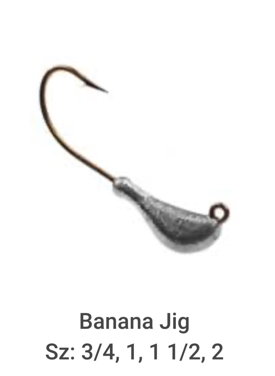 Circle B Tackle Do It Banana Jig 2 oz display emphasizing nose-diving action and snag resistance.