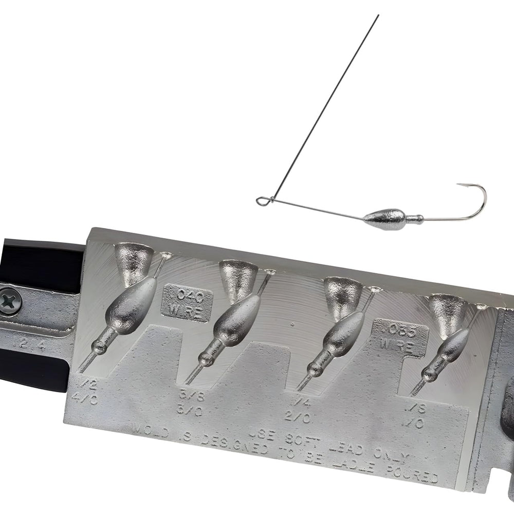 Circle B Tackle Do It Mold Bullet Spinner Jig close-up showing four-cavity mold for weight versatility.