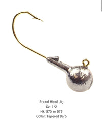 Circle B Tackle Do It Mold round head jig close-up, shows tapered collar for precise hook rigging.