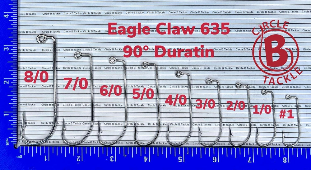 Circle B Tackle Eagle Claw 635 90° hook closeup emphasizes the forged metal and O'Shaughnessy bend.