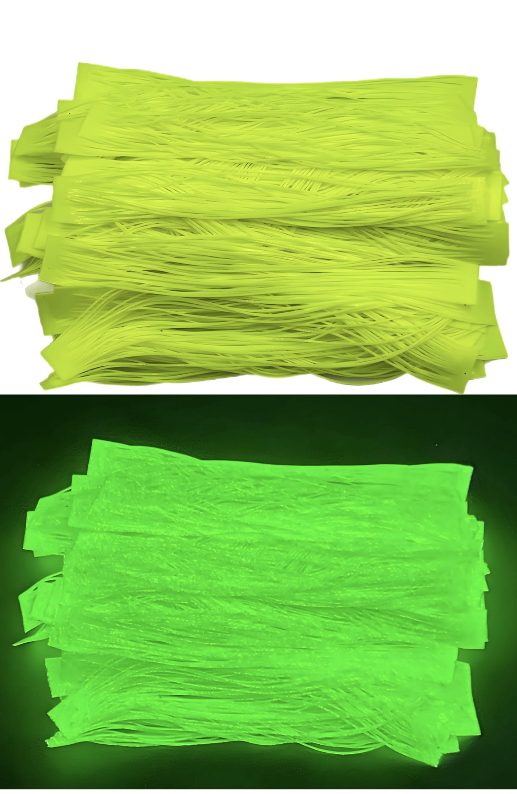 Circle B Tackle glow silicone skirt in hot chartreuse glows for night fishing.