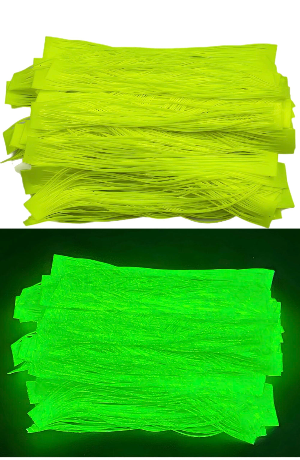 Circle B Tackle glow silicone skirt in hot chartreuse glows for night fishing.