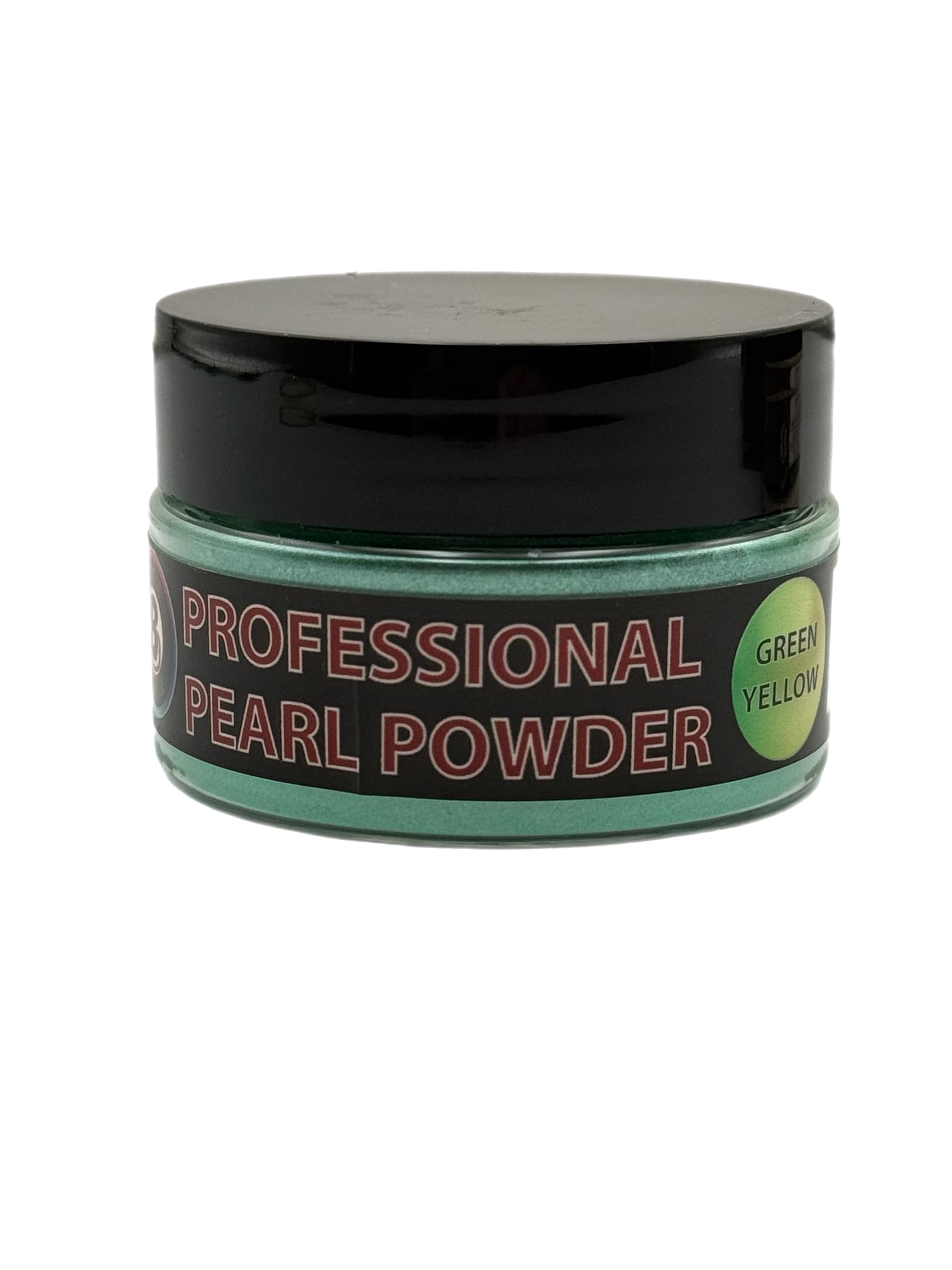Circle B Tackle Green Yellow Pearl powder in a wide-mouth jar adds bright color for soft plastics.