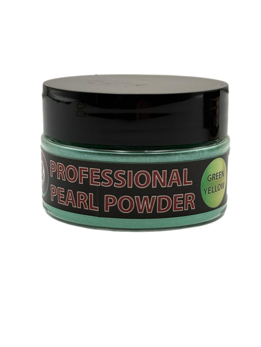 Circle B Tackle Green Yellow Pearl powder in a wide-mouth jar adds bright color for soft plastics.