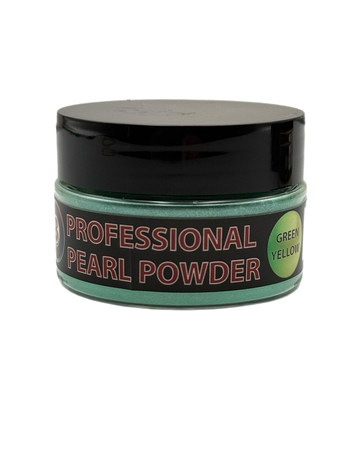 Circle B Tackle Green Yellow Pearl powder in a wide-mouth jar adds bright color for soft plastics.