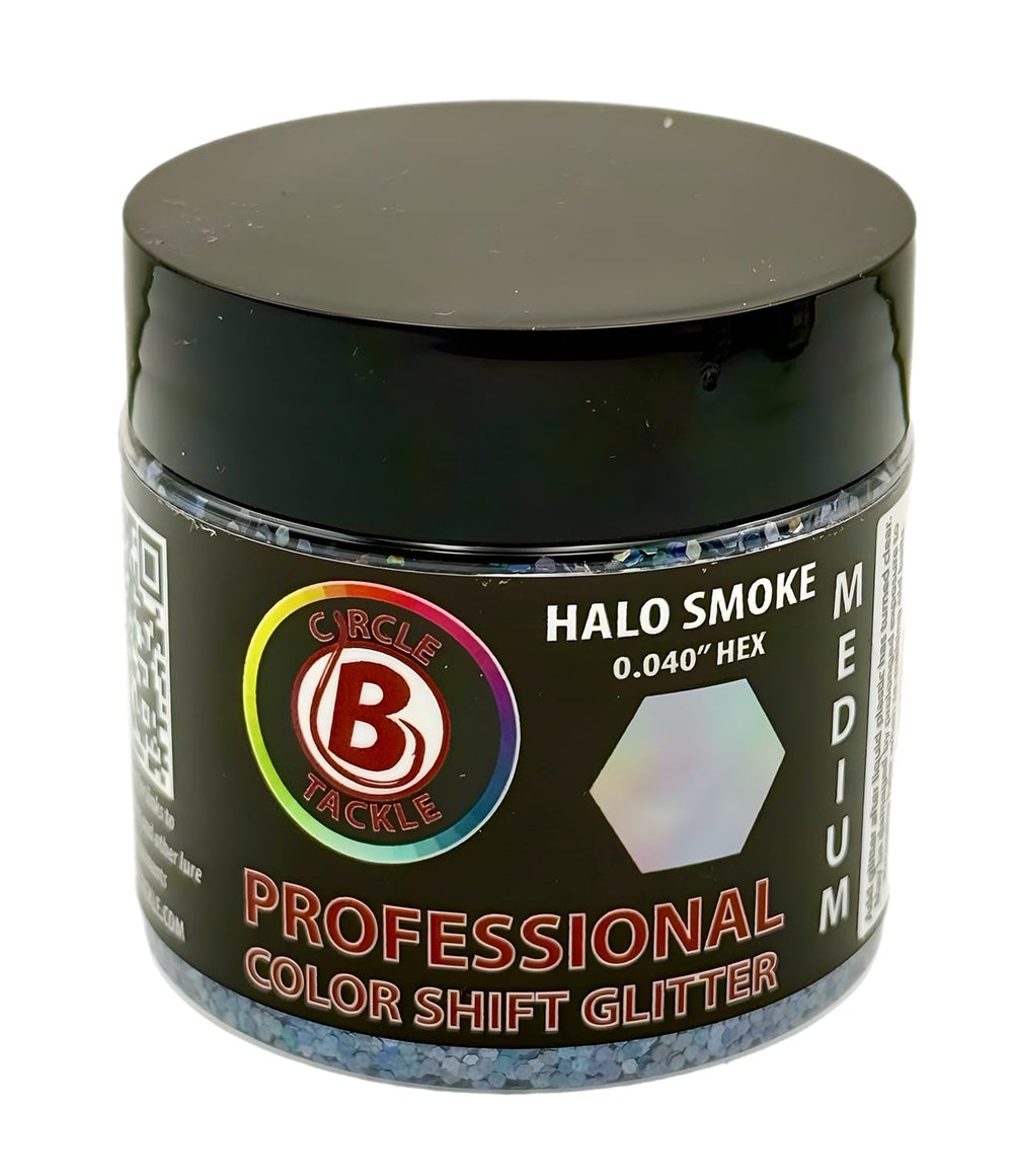 Circle B Tackle halo smoke hex glitter for heat resistant soft plastic lures.