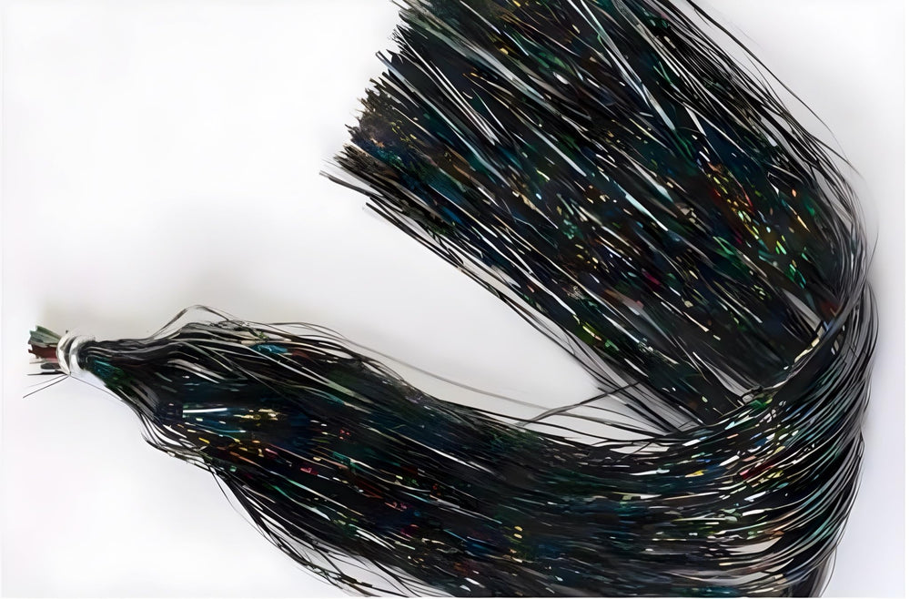 Circle B Tackle Hedron Flashabou holographic strands close-up for lifelike lure shine.