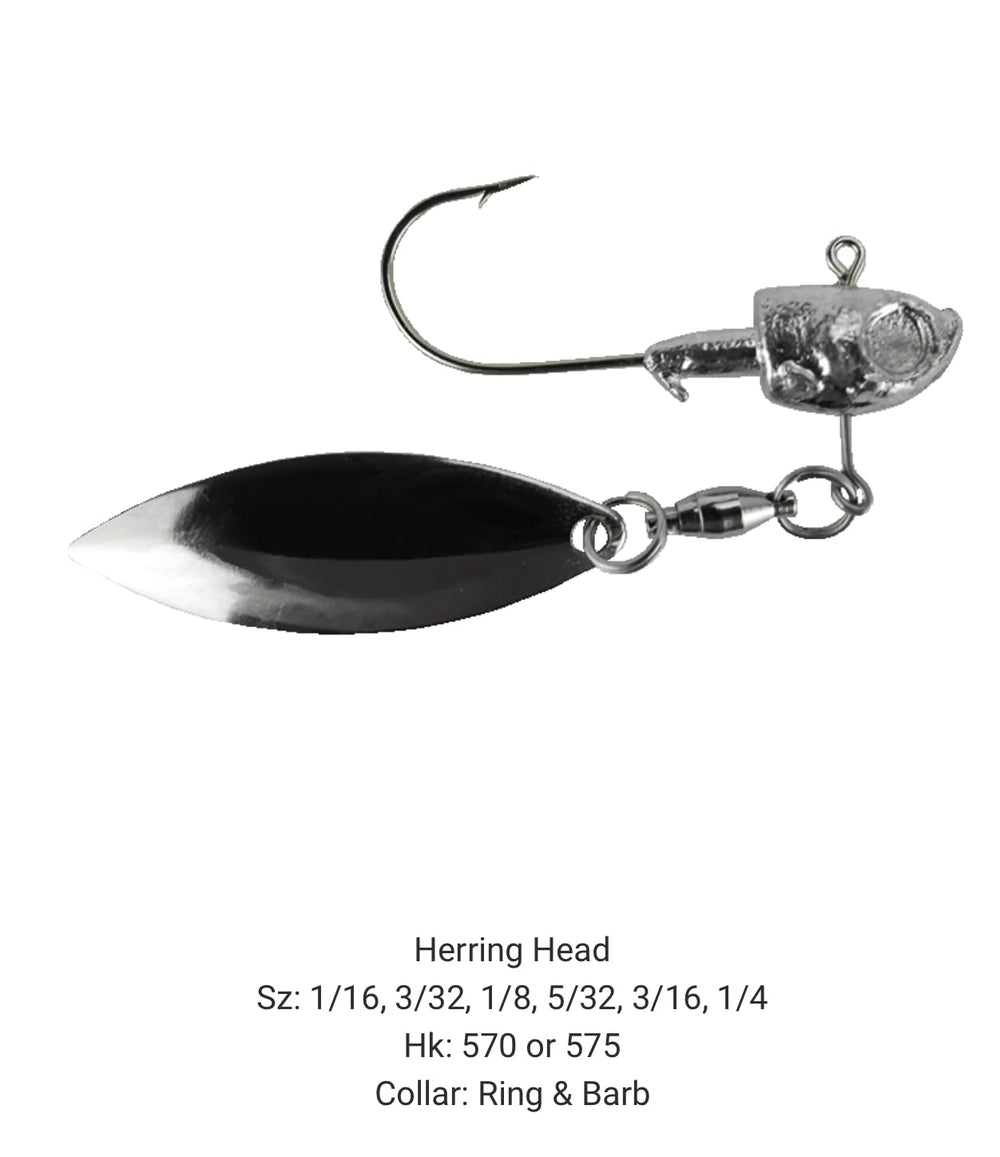 Circle B Tackle Herring Head Jig with underspin wire form enhances blade spin.