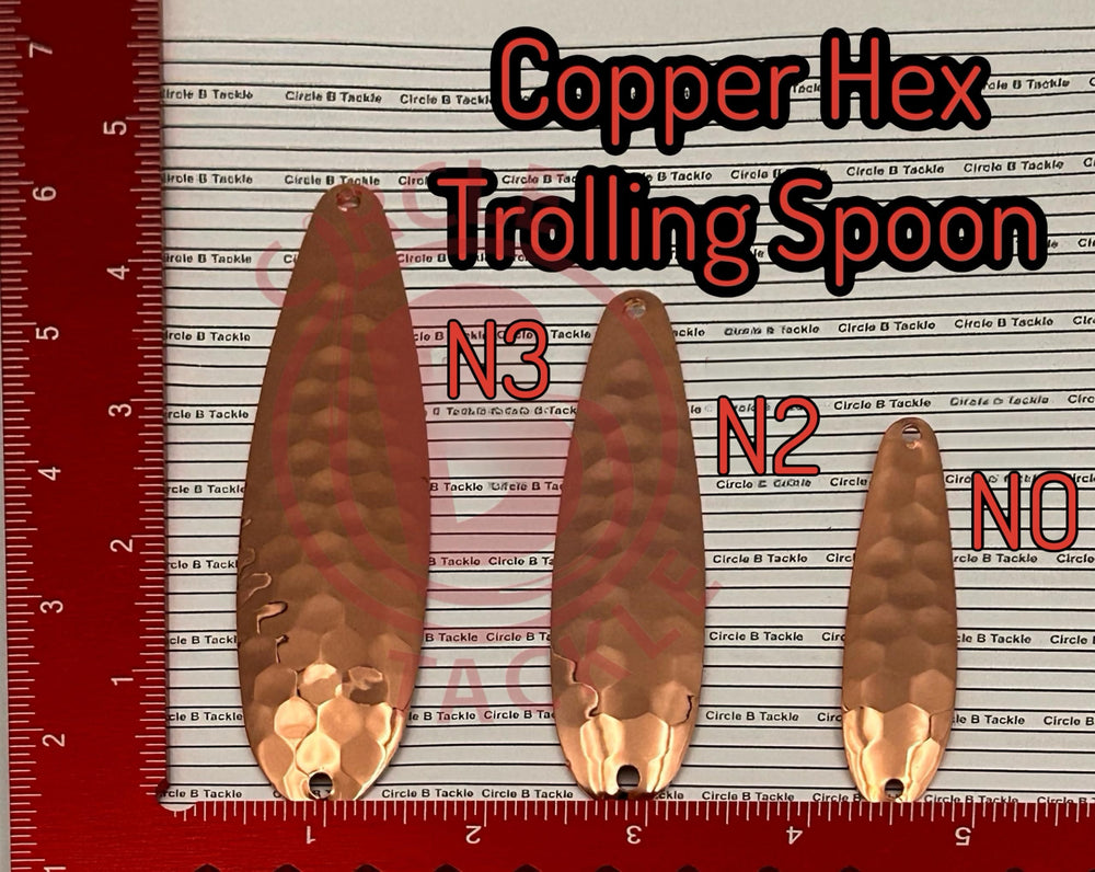 Circle B Tackle hex copper spoon, side view showing fluttering action for game fish.