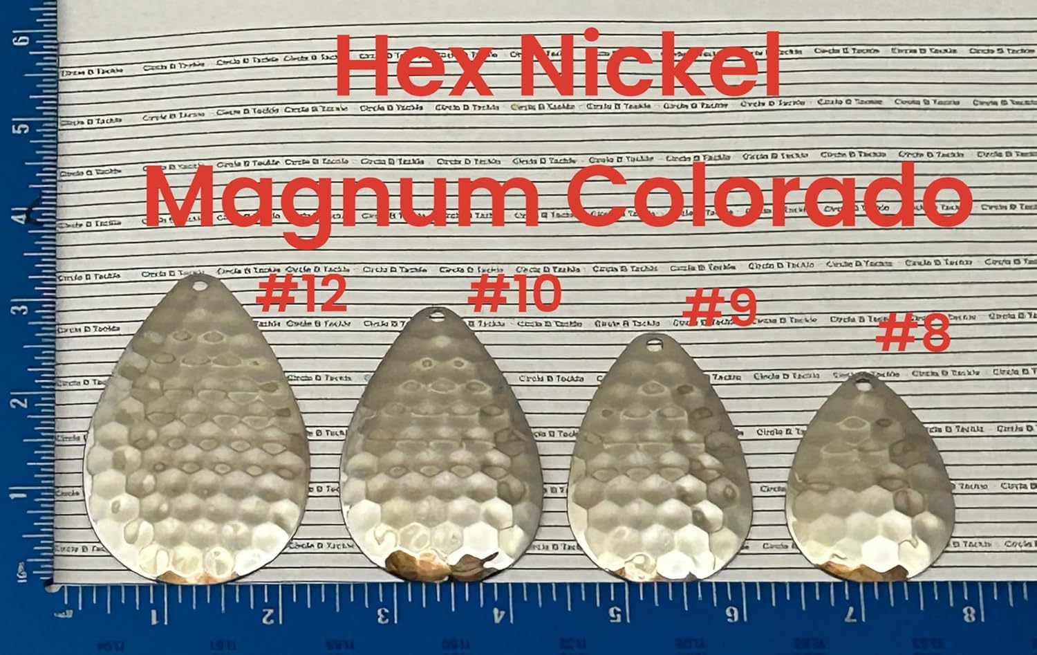 Circle B Tackle nickel plated Colorado blades pack illustrating range of sizes for custom lures