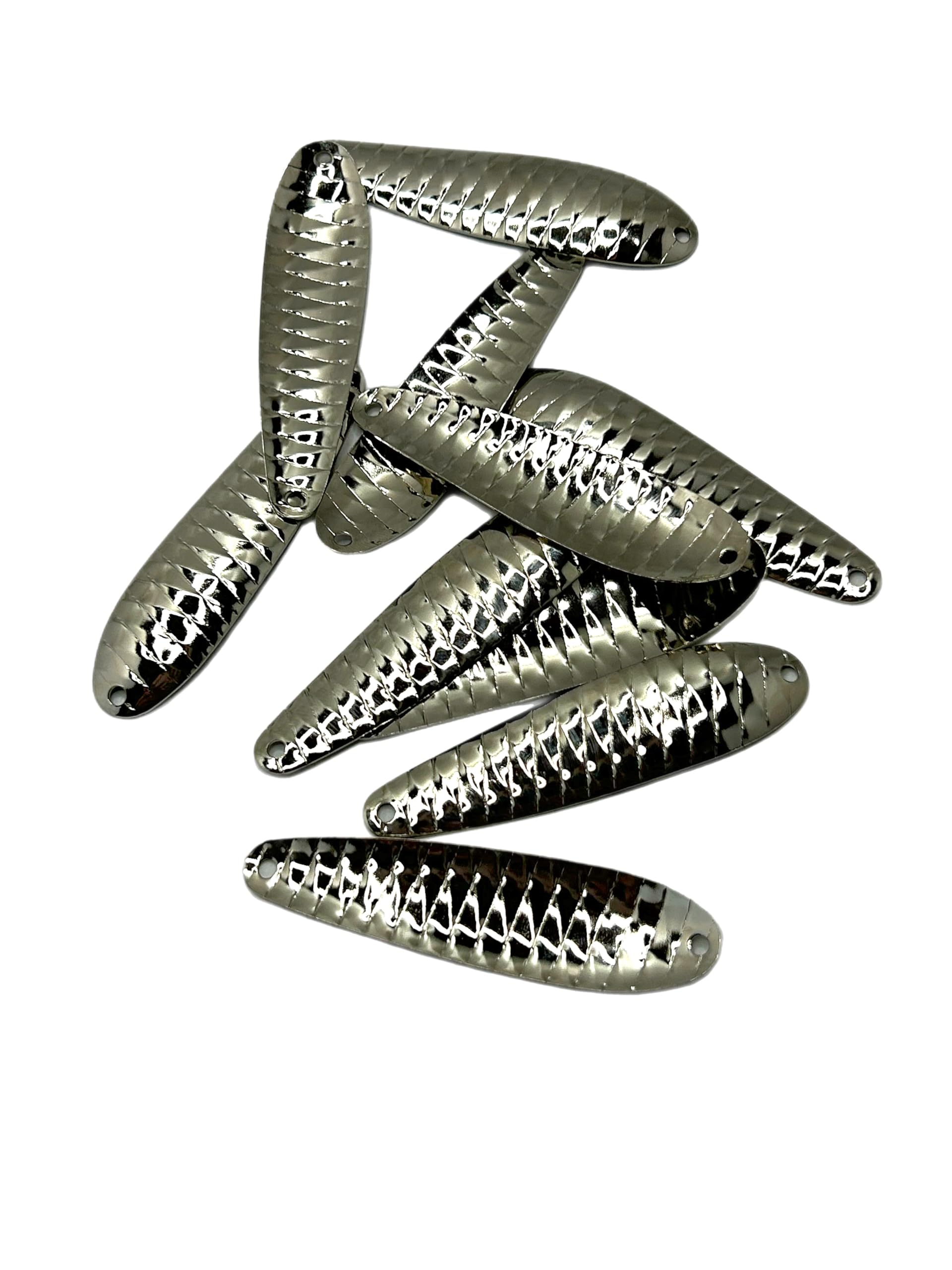 Circle B Tackle Nickel Prism trolling spoon close-up with mirror finish for DIY lure making.