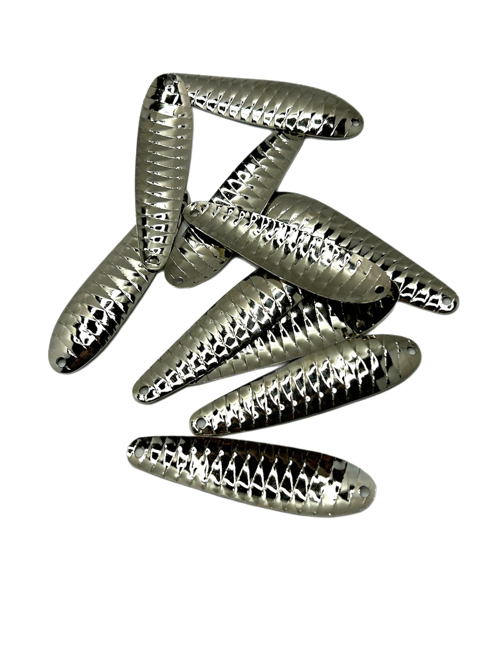 Circle B Tackle Nickel Prism trolling spoon close-up with mirror finish for DIY lure making.