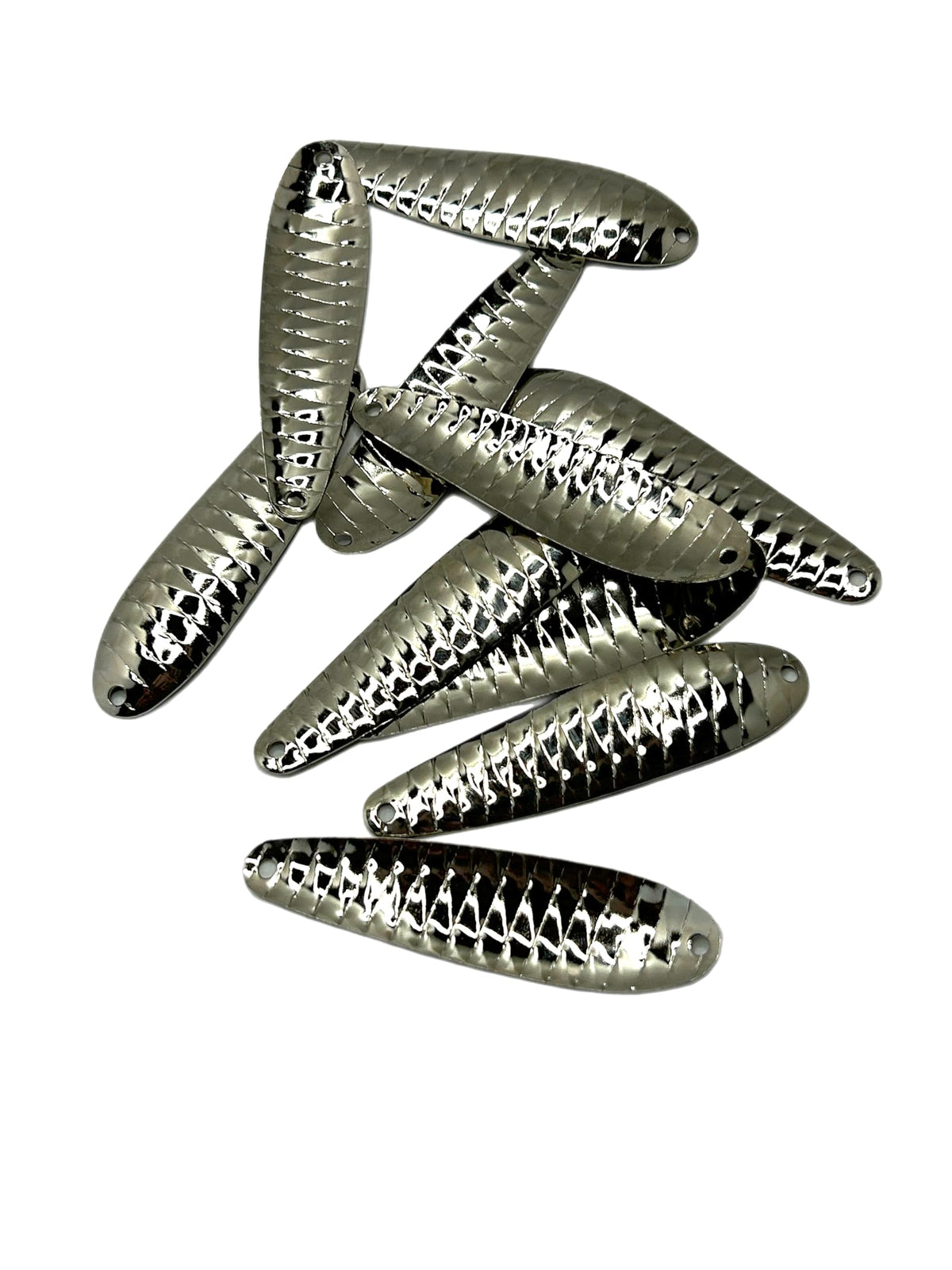 Circle B Tackle Nickel Prism trolling spoon close-up with mirror finish for DIY lure making.