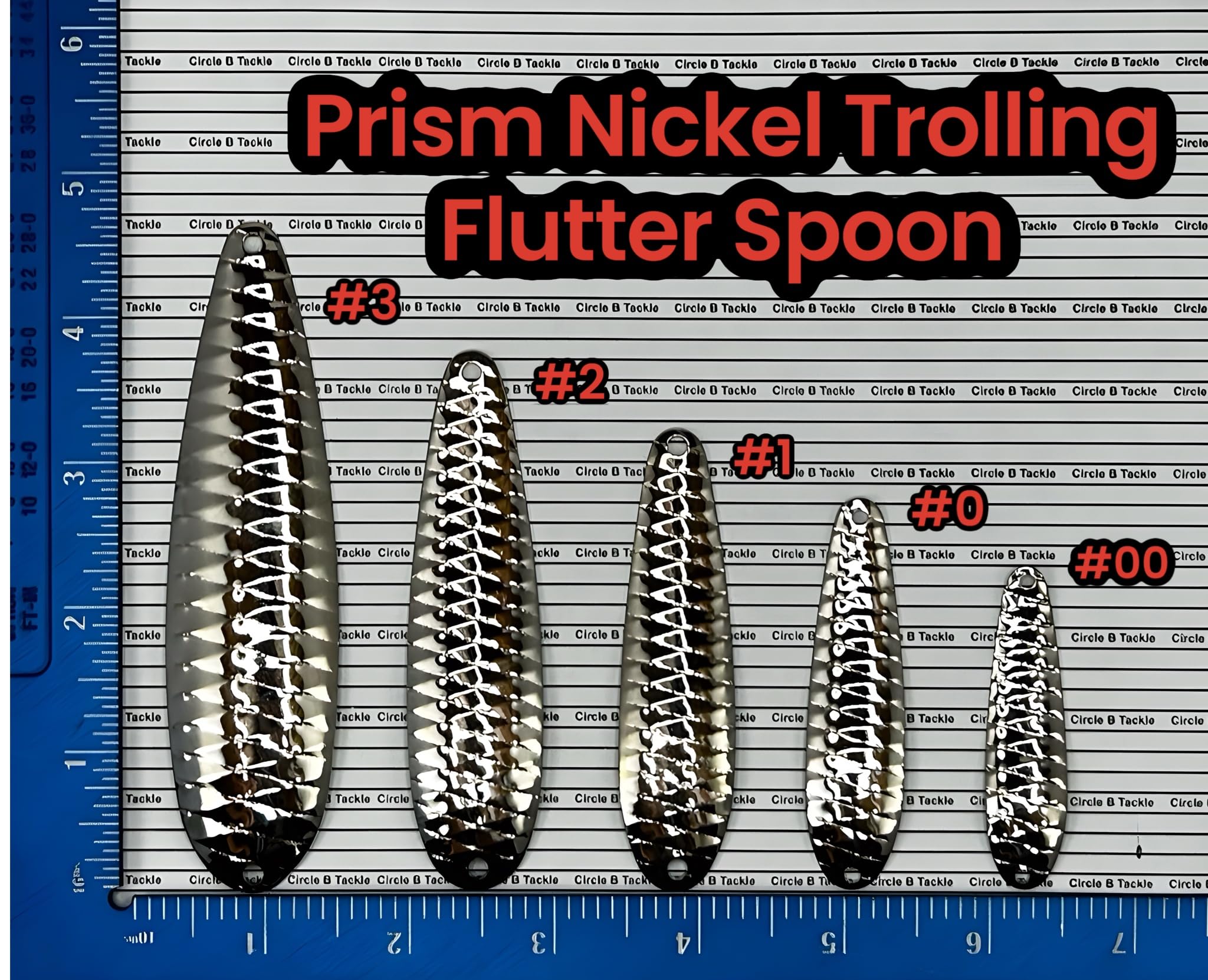 Circle B Tackle Nickel Prism flutter spoon display highlighting brass base and nickel plating.