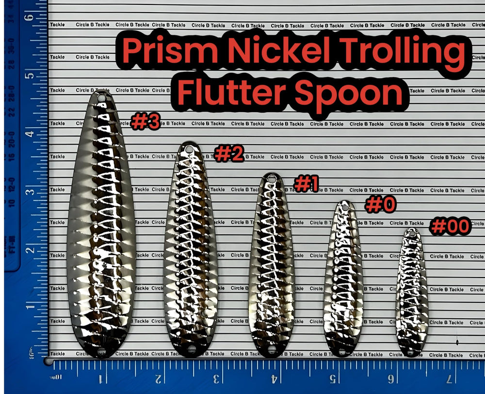 Circle B Tackle Nickel Prism flutter spoon display highlighting brass base and nickel plating.