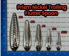 Circle B Tackle Nickel Prism flutter spoon display highlighting brass base and nickel plating.