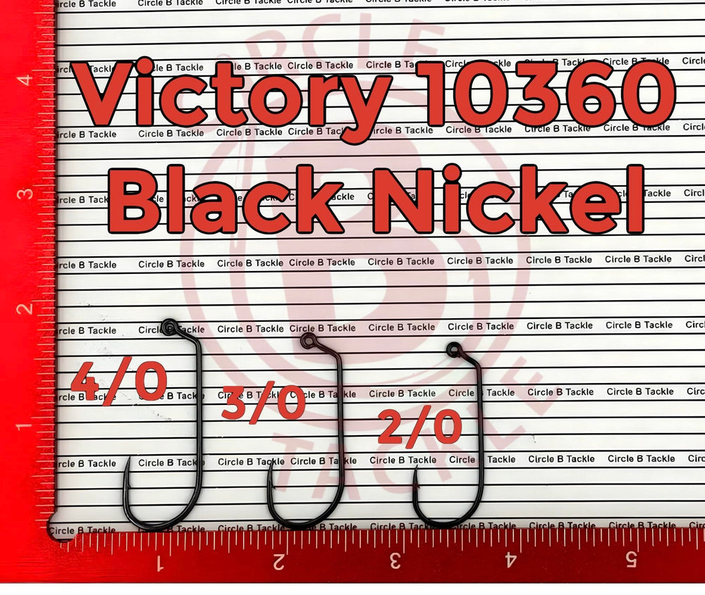 Circle B Tackle Victory 10360 BN jig hook closeup, needle point for sharp hooksets.