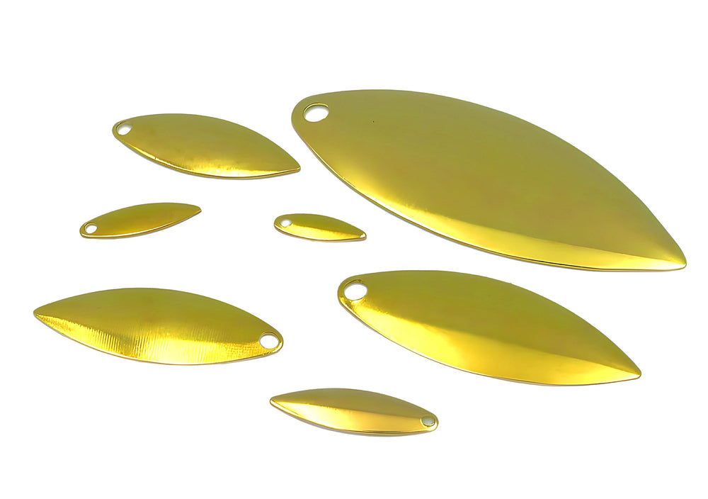 Circle B Tackle Willow Brass blade close-up edge prevents line damage.