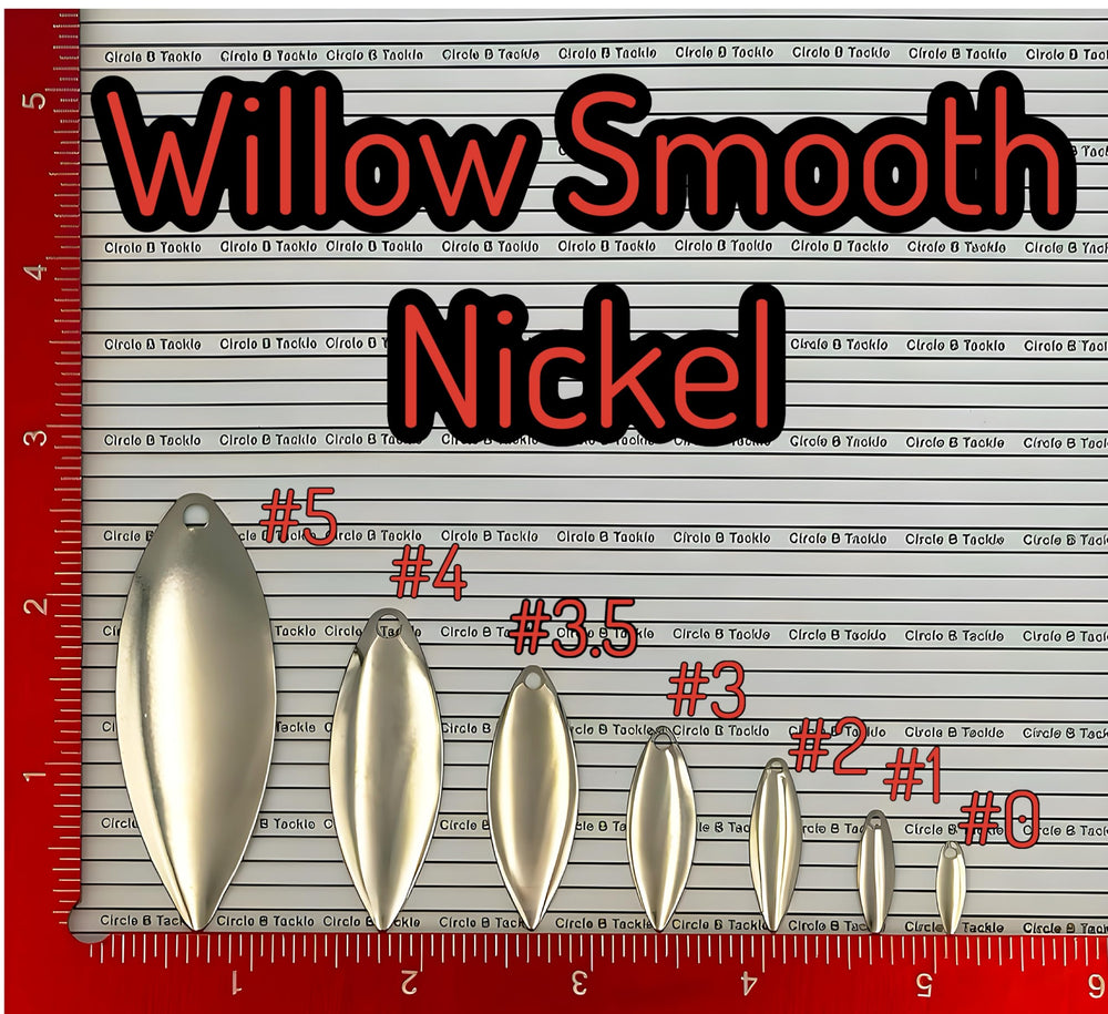 Circle B Tackle Willow Nickel Smooth blade shows bright reflection underwater.
