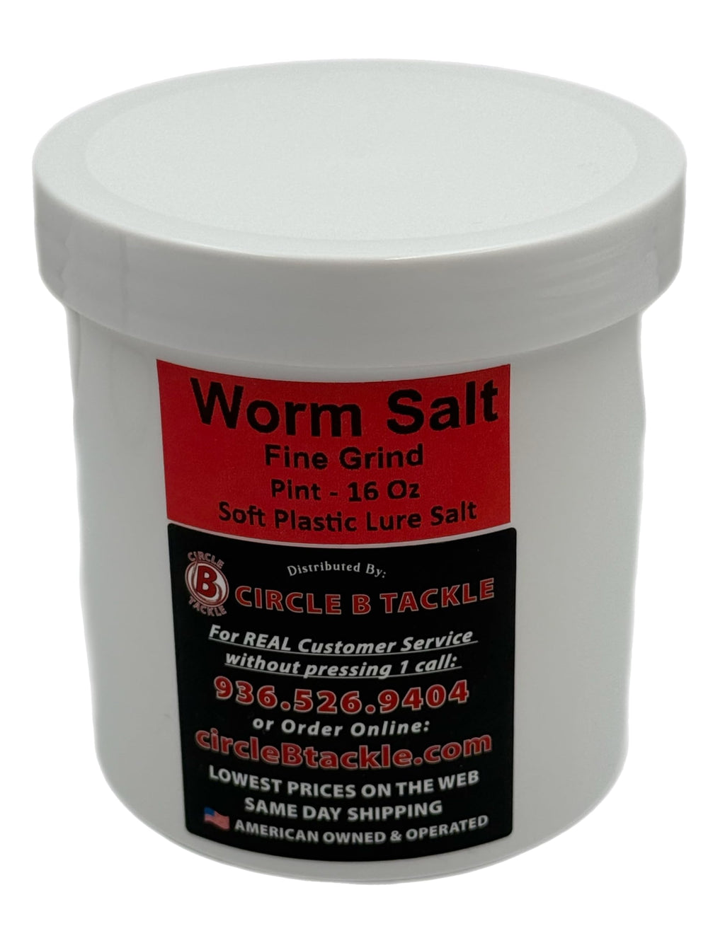 Circle B Tackle worm salt pint jar offers fast dissolution for effective lure coating.
