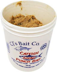 CJ's Catfish Punch Bait Shad 14oz bottle attracting catfish with potent scent.