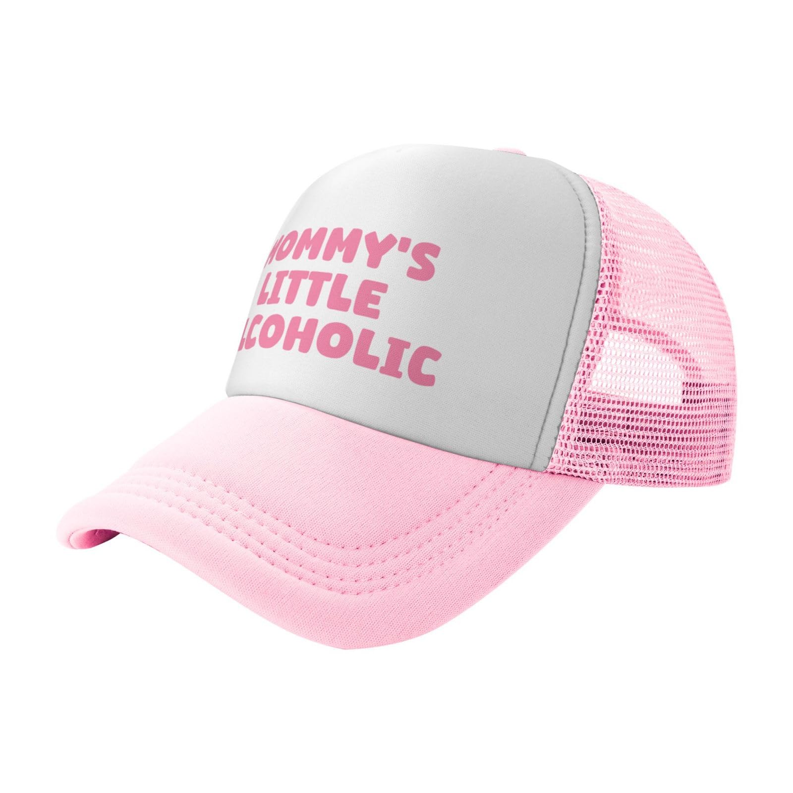 Ckajuoau Mommy's Little Alcoholic pink cap side view; adjustable strap for a secure fit.