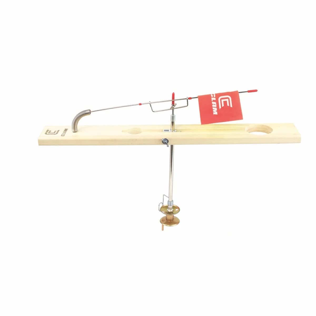 CLAM 10392 Lunker Deluxe Wood Tip Up with natural hardwood finish and a 17.5in high-visibility green flag.