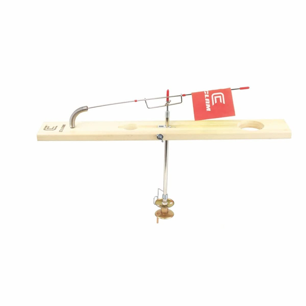 CLAM 10392 Lunker Deluxe Wood Tip Up with natural hardwood finish and a 17.5in high-visibility green flag.
