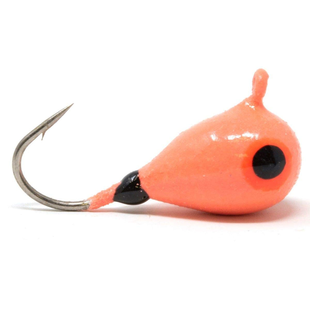 CLAM 9304 Drop Jig Glow Red for ice fishing; glow enhances visibility in low light.