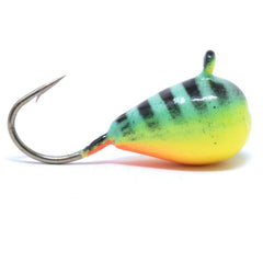 CLAM 9306 Drop Jig Chartreuse/Blue Glow attracts bites under ice
