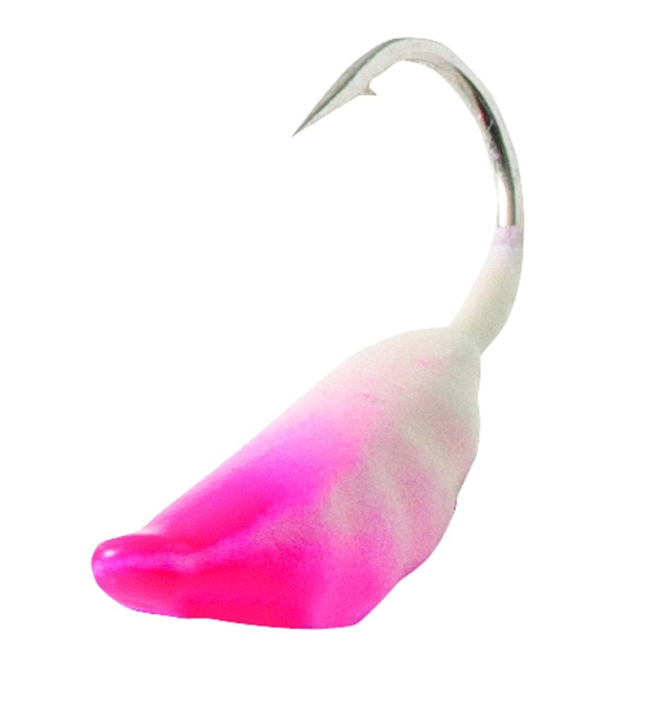 CLAM 9332 Maggot Drop Lure Size 10 in White/Pink Glow enhances ice fishing presentations