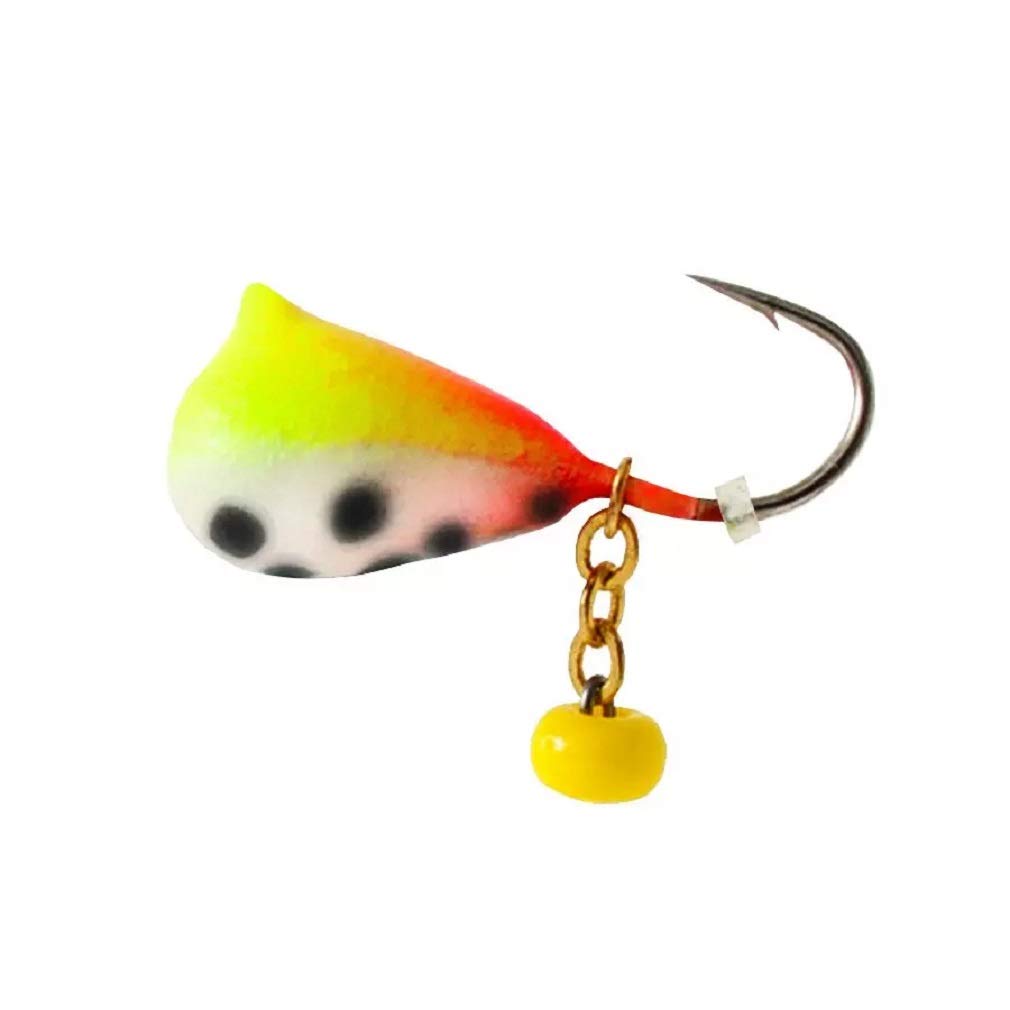 CLAM Dingle Drop XL lure in chartreuse/orange glow boosts visibility for ice fishing