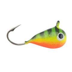 Clam Drop Jig with tungsten body for vertical presentation and glow visibility.
