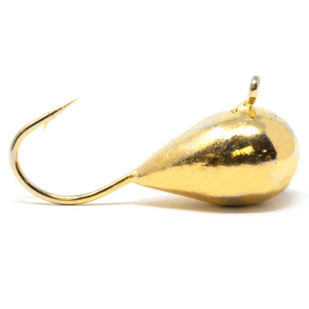 Clam Drop Jig in gold tungsten, ideal for finesse panfish presentations.