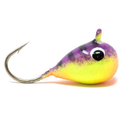 CLAM Drop Jig in Glow Purple Tiger demonstrates tungsten vertical presentation for panfish