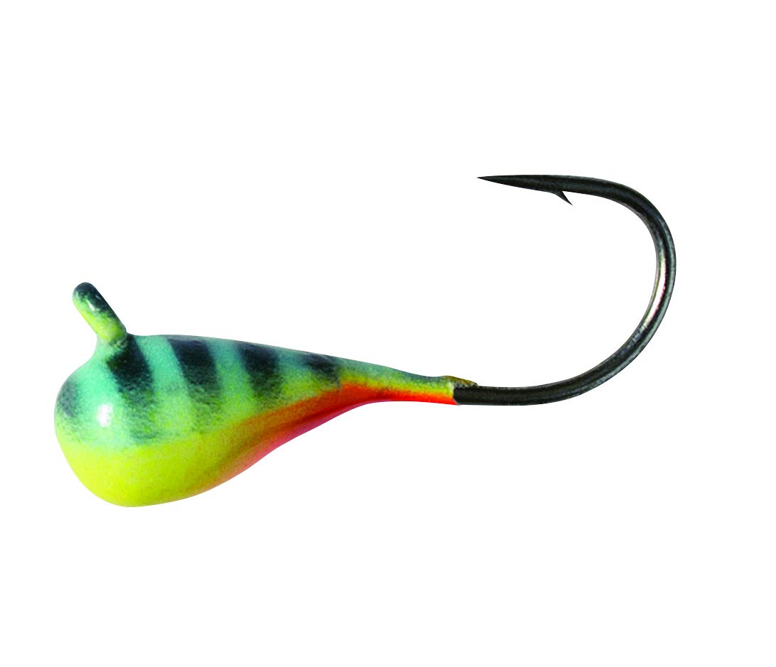 CLAM Drop Jig XL chart/blue glow bar ready for ice fishing, highlighting visibility and hook size