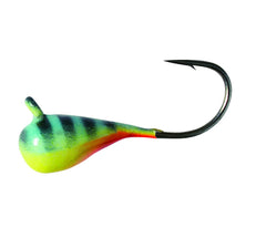 CLAM Drop Jig XL chart/blue glow bar ready for ice fishing, highlighting visibility and hook size